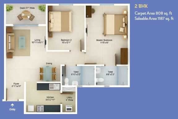 Floor plan of 2 BHK 1187 Sq. Ft. Apartment in Tata Riva, Bangalore
