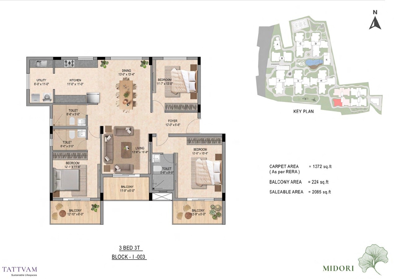 Floor plan of 3 BHK 2085 Sq. Ft. Apartment in Tattvam Midori, Bangalore