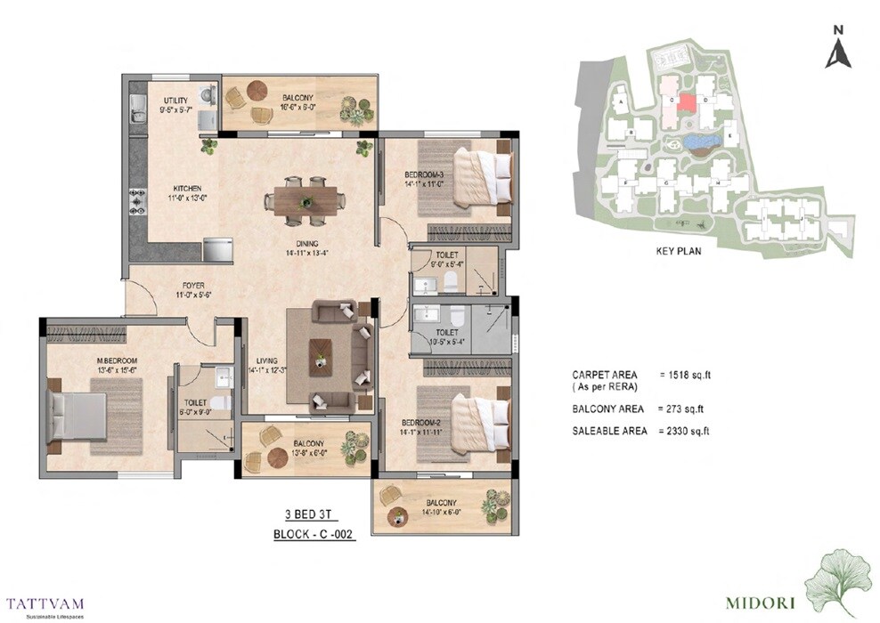 Floor plan of 3 BHK 2330 Sq. Ft. Apartment in Tattvam Midori, Bangalore