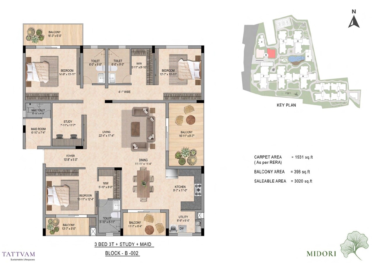 Floor plan of 4 BHK 3020 Sq. Ft. Apartment in Tattvam Midori, Bangalore