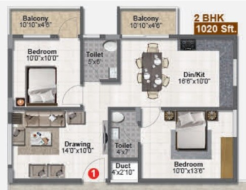 Floor plan of 2 BHK 1020 Sq. Ft. Apartment in Tetra Grand Green Admire, Bangalore