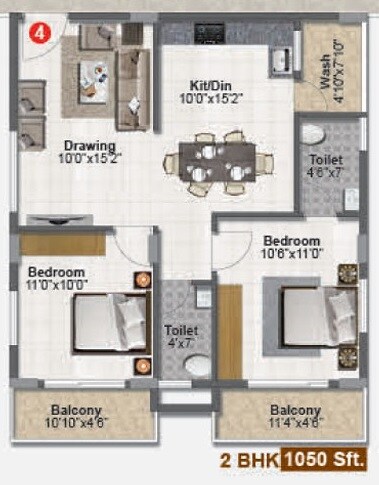 Floor plan of 2 BHK 1050 Sq. Ft. Apartment in Tetra Grand Green Admire, Bangalore