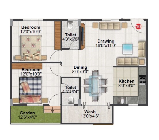 Floor plan of 2 BHK 1090 Sq. Ft. Apartment in Tetra Grand Green Aspire Thanisandra, Bangalore