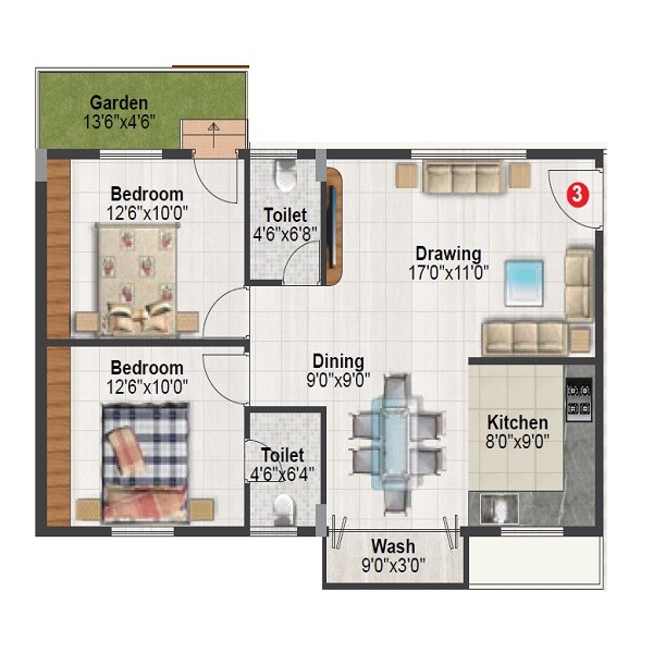 Floor plan of 2 BHK 1111 Sq. Ft. Apartment in Tetra Grand Green Aspire Thanisandra, Bangalore