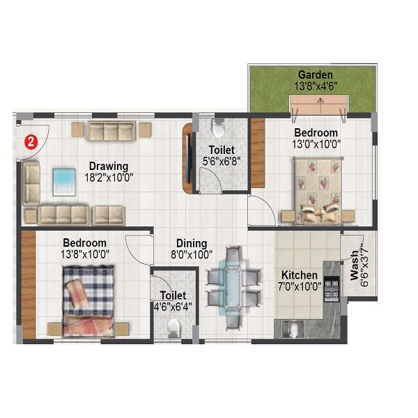 Floor plan of 2 BHK 1122 Sq. Ft. Apartment in Tetra Grand Green Aspire Thanisandra, Bangalore