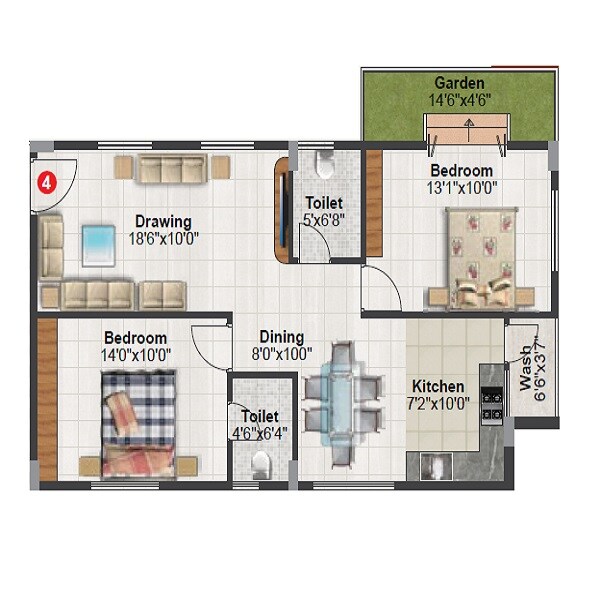 Floor plan of 2 BHK 1144 Sq. Ft. Apartment in Tetra Grand Green Aspire Thanisandra, Bangalore