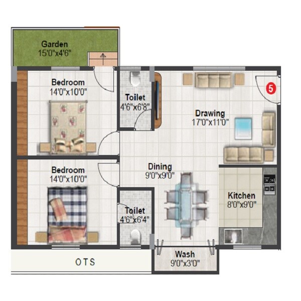Floor plan of 2 BHK 1155 Sq. Ft. Apartment in Tetra Grand Green Aspire Thanisandra, Bangalore