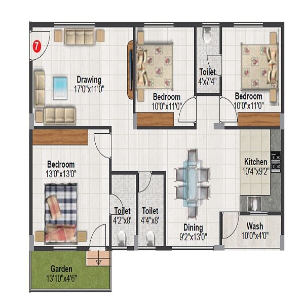 Floor plan of 3 BHK 1500 Sq. Ft. Apartment in Tetra Grand Green Aspire Thanisandra, Bangalore