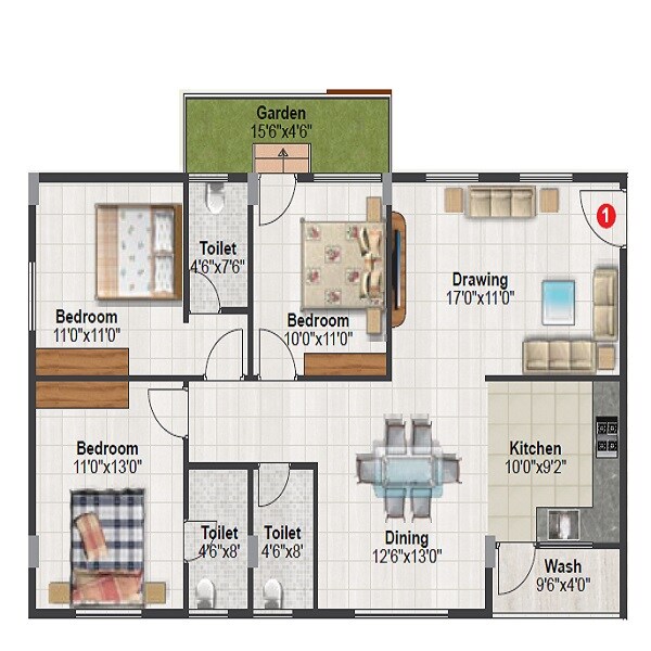 Floor plan of 3 BHK 1560 Sq. Ft. Apartment in Tetra Grand Green Aspire Thanisandra, Bangalore