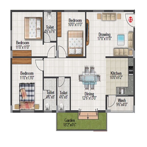 Floor plan of 3 BHK 1570 Sq. Ft. Apartment in Tetra Grand Green Aspire Thanisandra, Bangalore