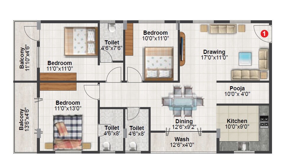 Floor plan of 3 BHK 1616 Sq. Ft. Apartment in Tetra Grand Green Aspire Thanisandra, Bangalore