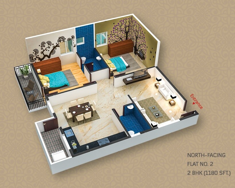 Floor plan of 2 BHK 1180 Sq. Ft. Apartment in Tetra Grand Green Essence, Bangalore