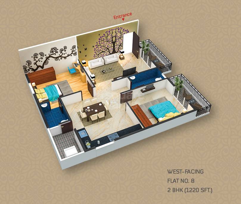 Floor plan of 2 BHK 1220 Sq. Ft. Apartment in Tetra Grand Green Essence, Bangalore