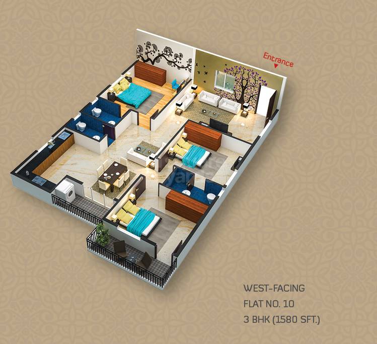 Floor plan of 3 BHK 1580 Sq. Ft. Apartment in Tetra Grand Green Essence, Bangalore