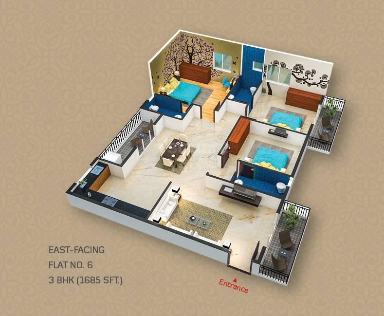 Floor plan of 3 BHK 1685 Sq. Ft. Apartment in Tetra Grand Green Essence, Bangalore
