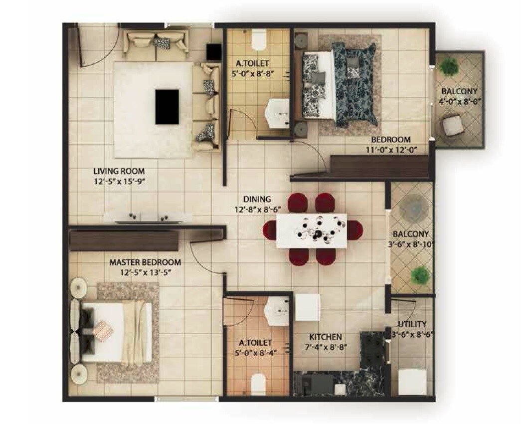 Floor plan of 2 BHK 1180 Sq. Ft. Apartment in TG Arte, Bangalore