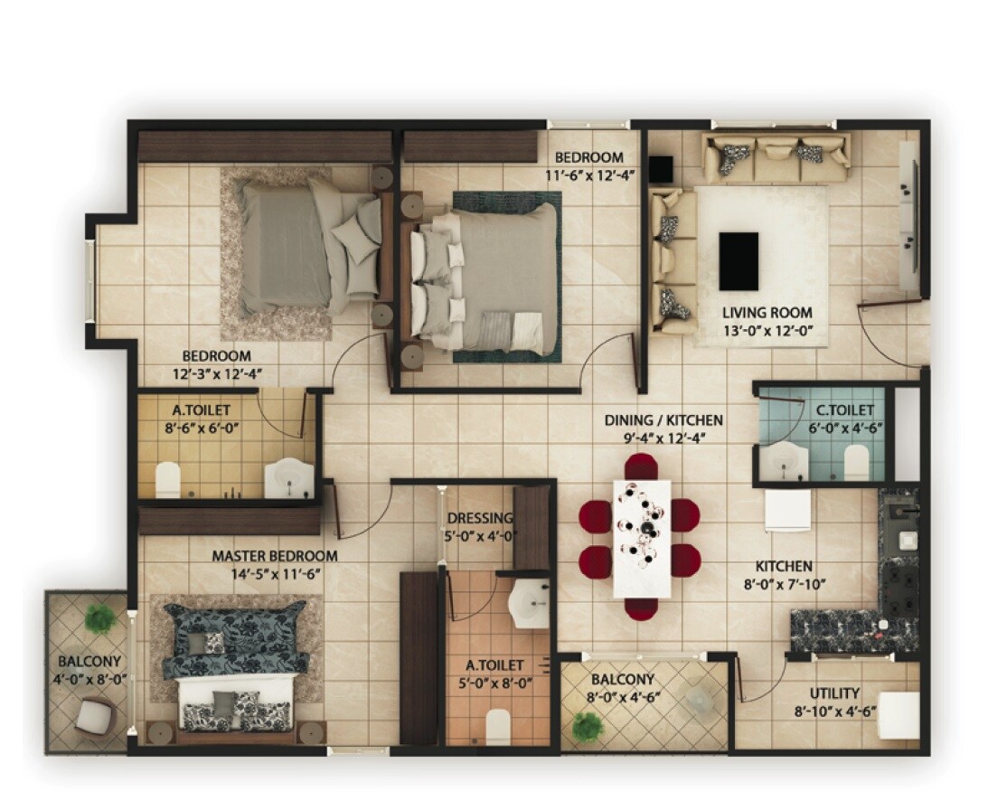 Floor plan of 3 BHK 1520 Sq. Ft. Apartment in TG Arte, Bangalore