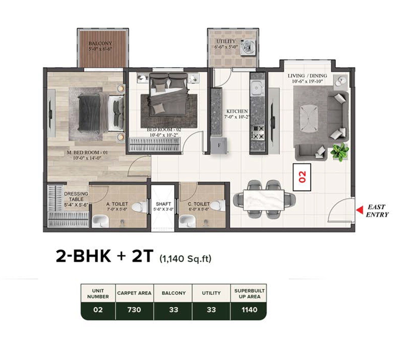 Floor plan of 2 BHK 1140 Sq. Ft. Apartment in TG Aura, Bangalore