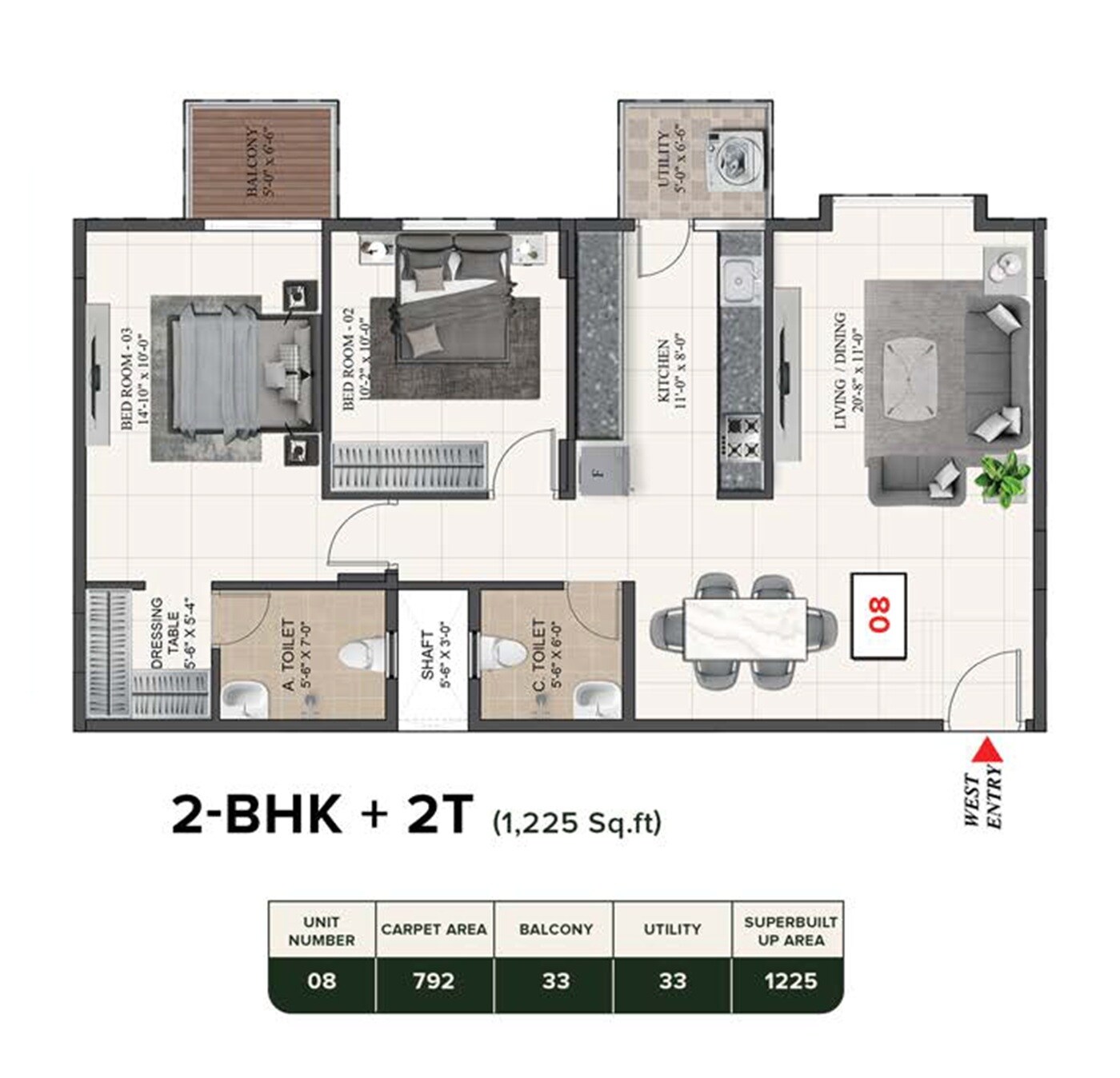 Floor plan of 2 BHK 1225 Sq. Ft. Apartment in TG Aura, Bangalore