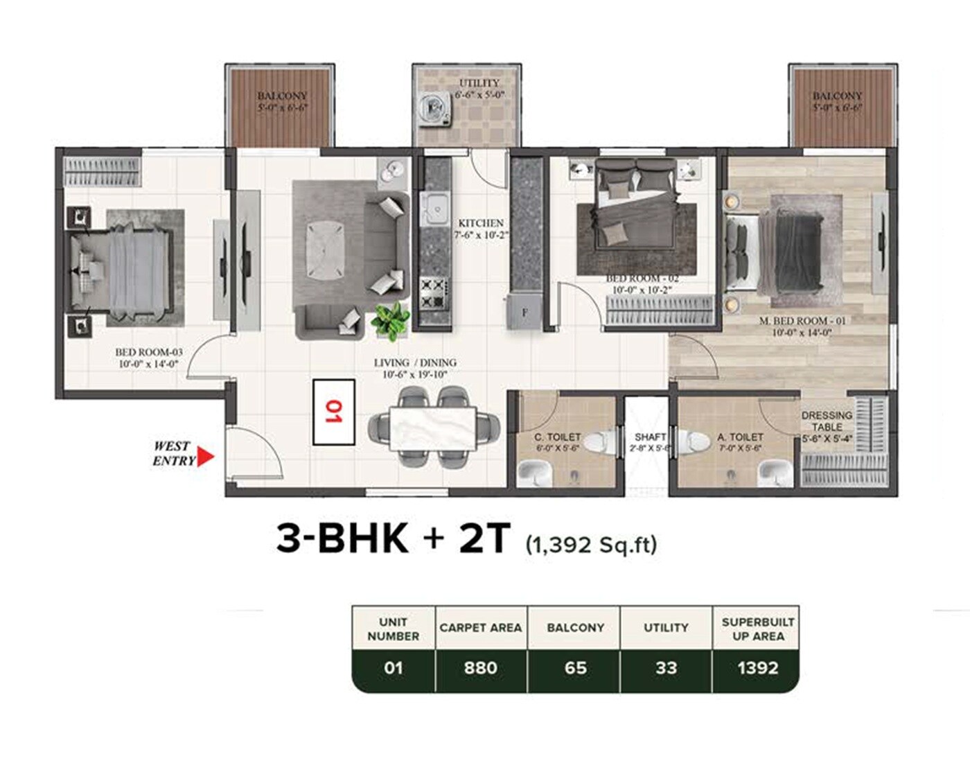 Floor plan of 3 BHK 1392 Sq. Ft. Apartment in TG Aura, Bangalore