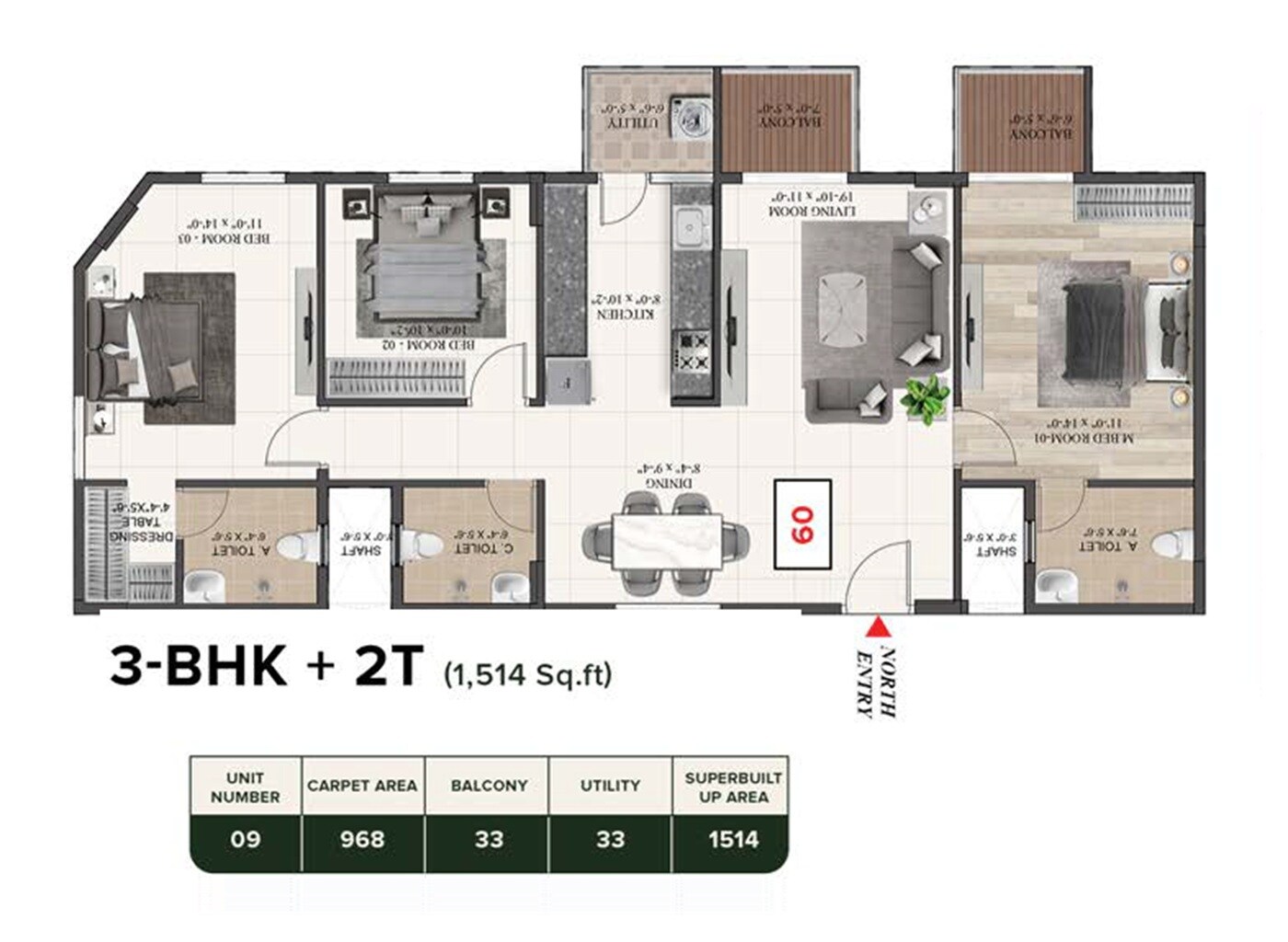 Floor plan of 3 BHK 1514 Sq. Ft. Apartment in TG Aura, Bangalore
