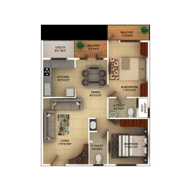 Floor plan of 2 BHK 1165 Sq. Ft. Apartment in TG Epitome, Bangalore