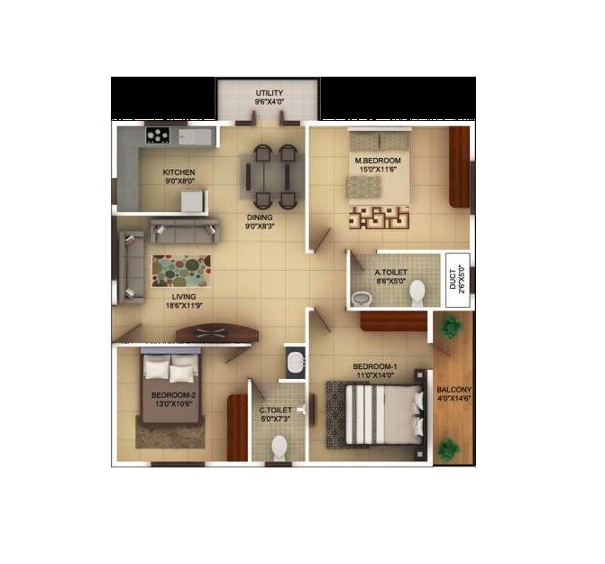 Floor plan of 3 BHK 1390 Sq. Ft. Apartment in TG Epitome, Bangalore