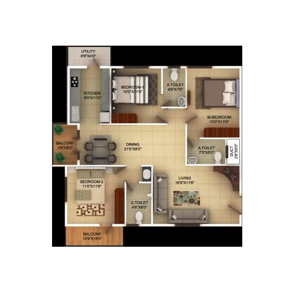 Floor plan of 3 BHK 1450 Sq. Ft. Apartment in TG Epitome, Bangalore