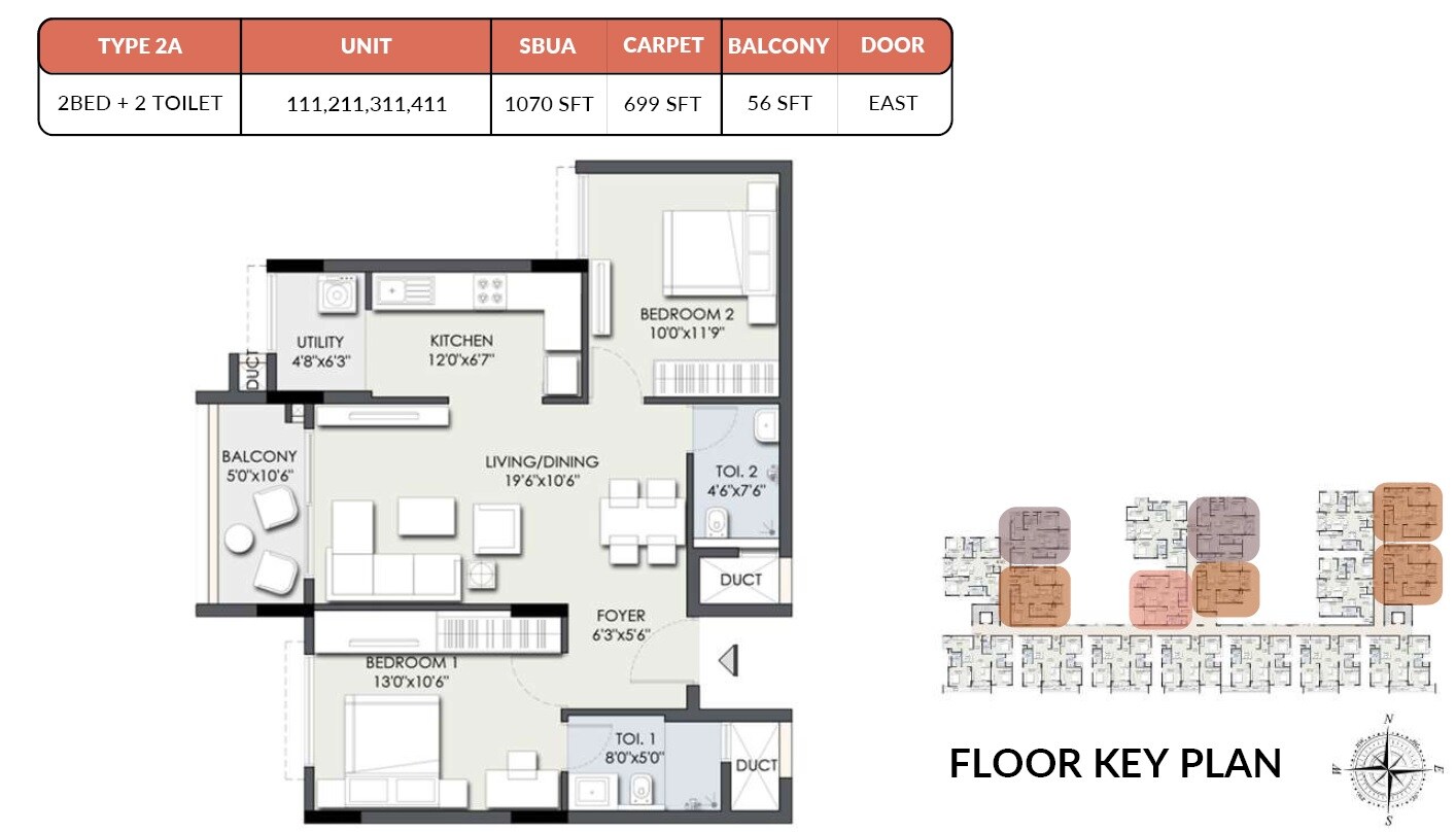 Floor plan of 2 BHK 1070 Sq. Ft. Apartment in TG Heritage, Bangalore