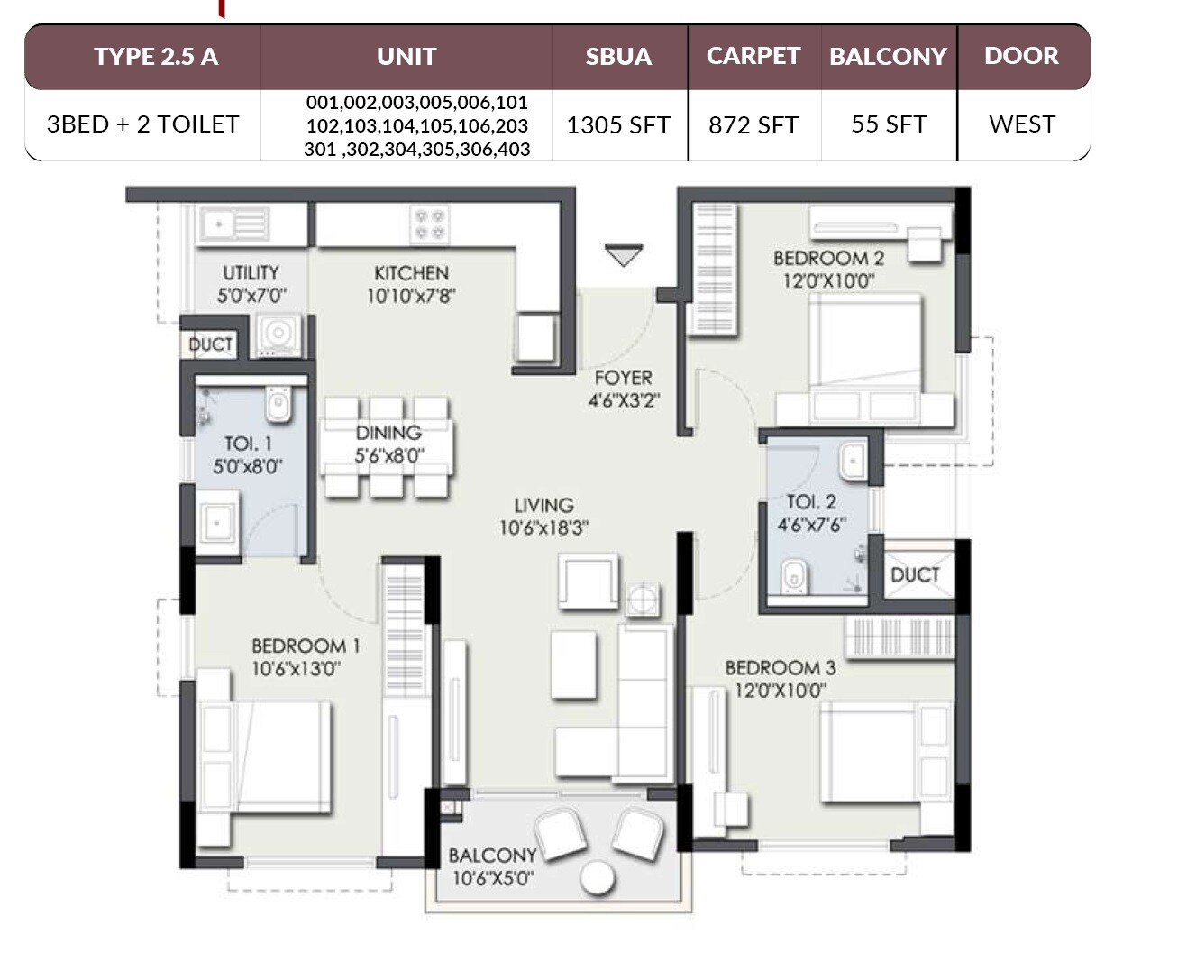 3 BHK 1305 Sq. Ft. Apartment