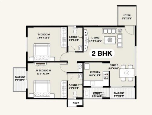 Floor plan of 2 BHK 1240 Sq. Ft. Apartment in TG Legacy, Bangalore