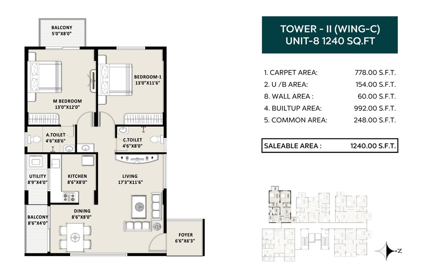 Floor plan of 2 BHK Apartment - 1240 sq. ft. in TG Legacy, Bangalore