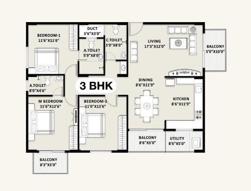 Floor plan of 3 BHK 1465 Sq. Ft. Apartment in TG Legacy, Bangalore