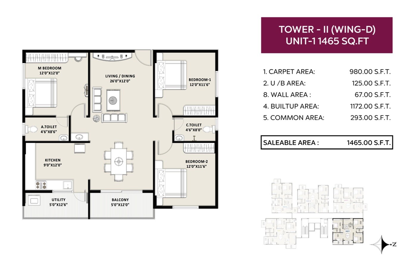 Floor plan of 3 BHK Apartment - 1465 sq. ft. in TG Legacy, Bangalore