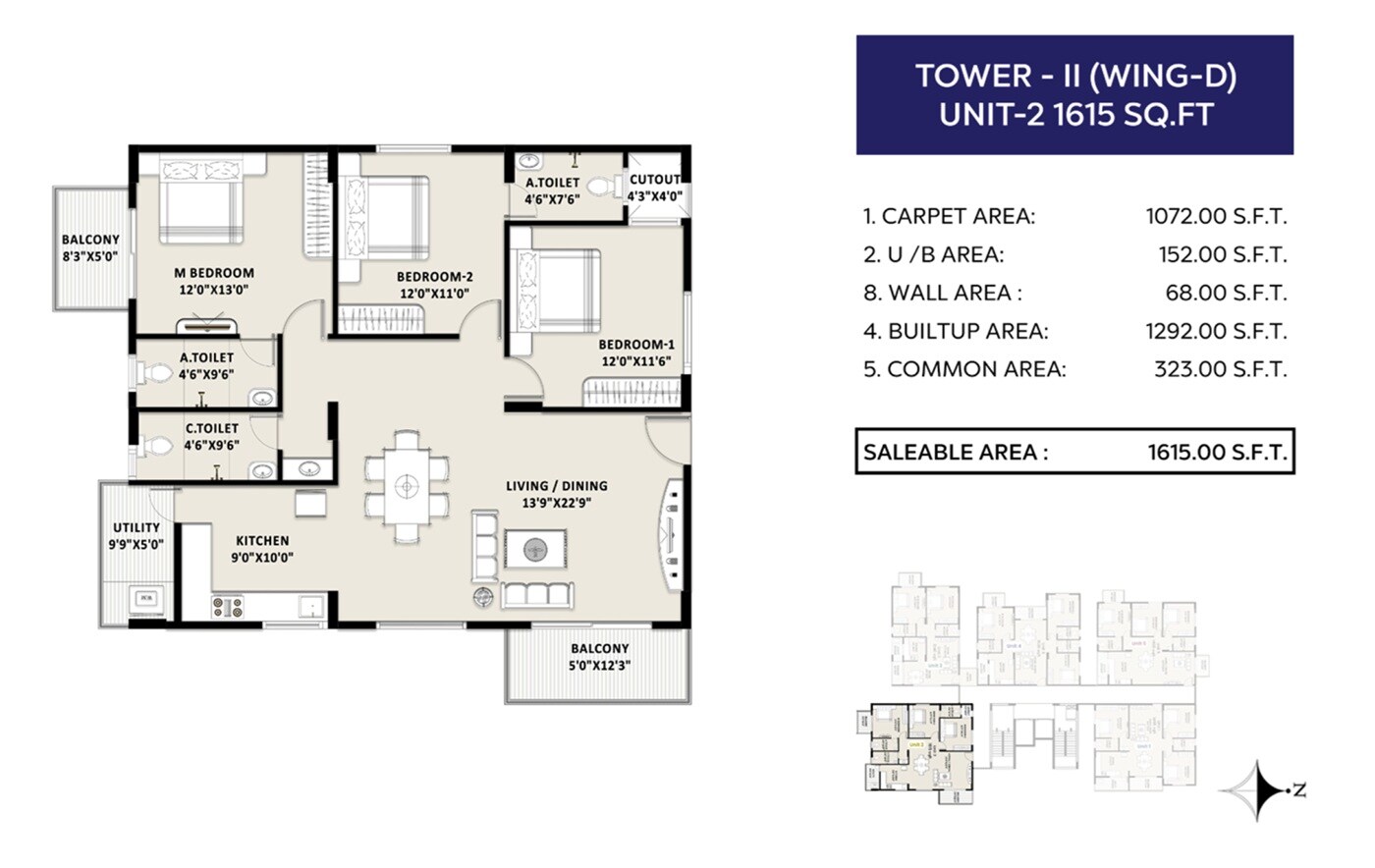 Floor plan of 3 BHK Apartment - 1615 sq. ft. in TG Legacy, Bangalore