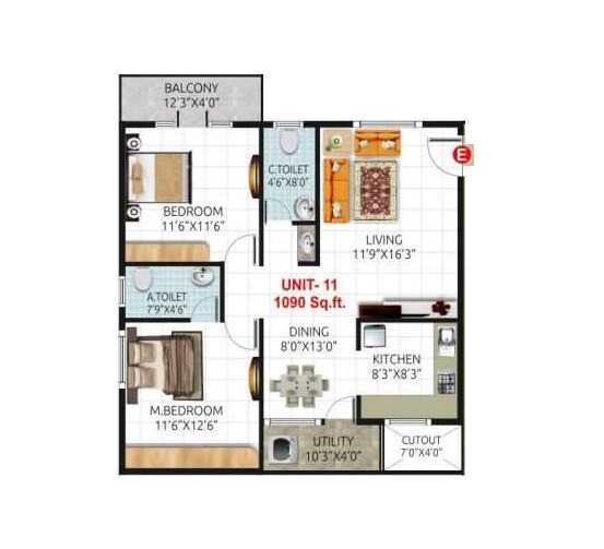 Floor plan of 2 BHK 1090 Sq. Ft. Apartment in Thanushree Sannidhi, Bangalore