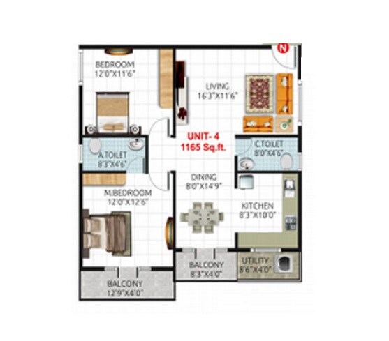 Floor plan of 2 BHK 1165 Sq. Ft. Apartment in Thanushree Sannidhi, Bangalore