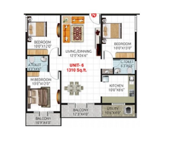 Floor plan of 3 BHK 1310 Sq. Ft. Apartment in Thanushree Sannidhi, Bangalore