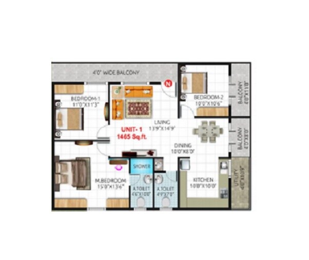 Floor plan of 3 BHK 1465 Sq. Ft. Apartment in Thanushree Sannidhi, Bangalore