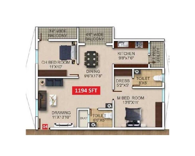 Floor plan of 2 BHK 1194 Sq. Ft. Apartment in Tharuns BV Sattva, Bangalore