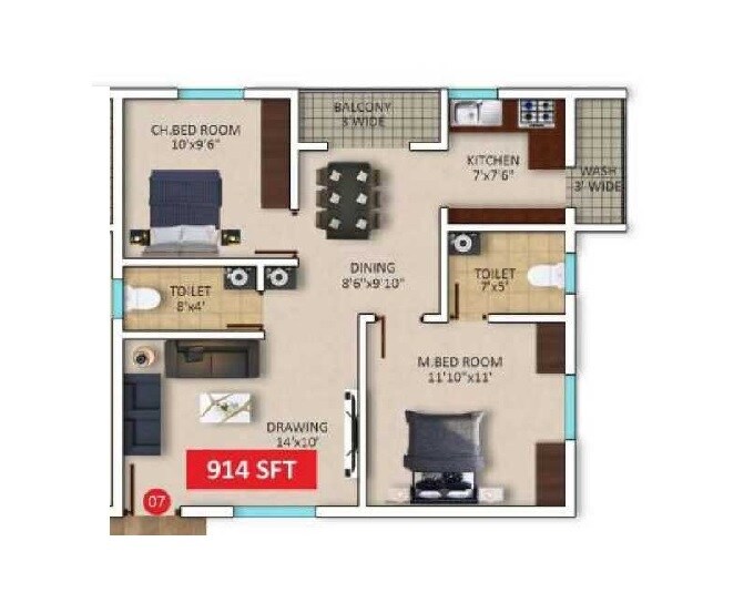 Floor plan of 2 BHK 914 Sq. Ft. Apartment in Tharuns BV Sattva, Bangalore
