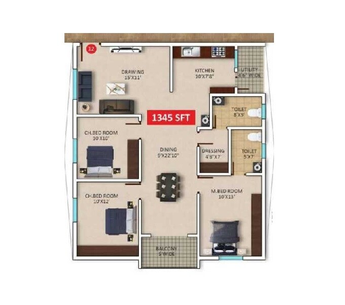 Floor plan of 3 BHK 1345 Sq. Ft. Apartment in Tharuns BV Sattva, Bangalore
