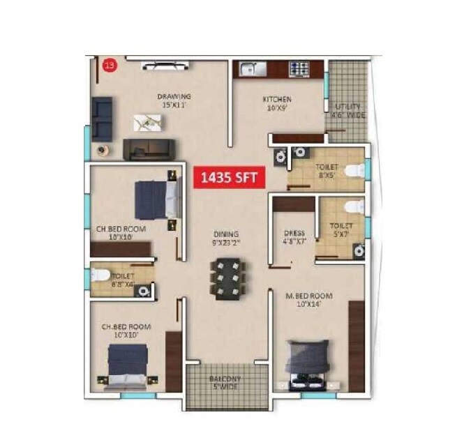 Floor plan of 3 BHK 1435 Sq. Ft. Apartment in Tharuns BV Sattva, Bangalore