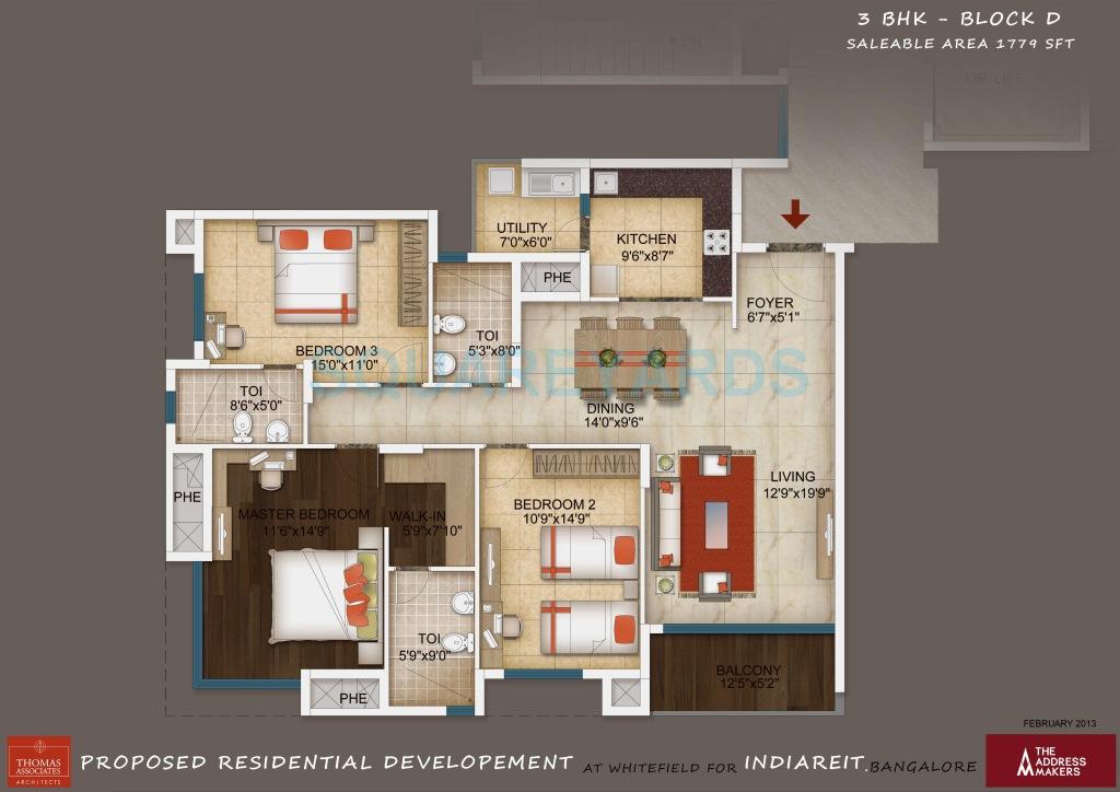 Floor plan of 3 BHK 1779 Sq. Ft. Apartment in The Address Maker The Five Summits, Bangalore