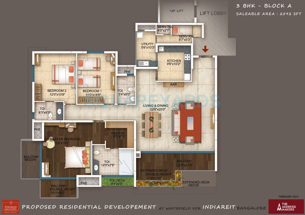 Floor plan of 3 BHK 2592 Sq. Ft. Apartment in The Address Maker The Five Summits, Bangalore