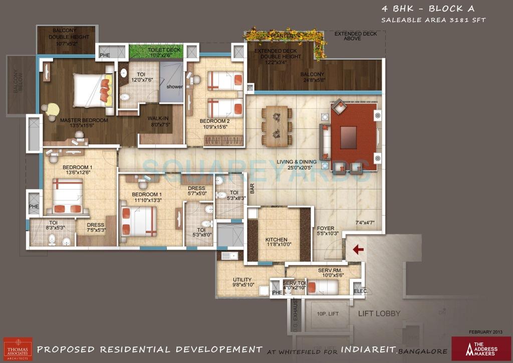 Floor plan of 4 BHK 3181 Sq. Ft. Apartment in The Address Maker The Five Summits, Bangalore
