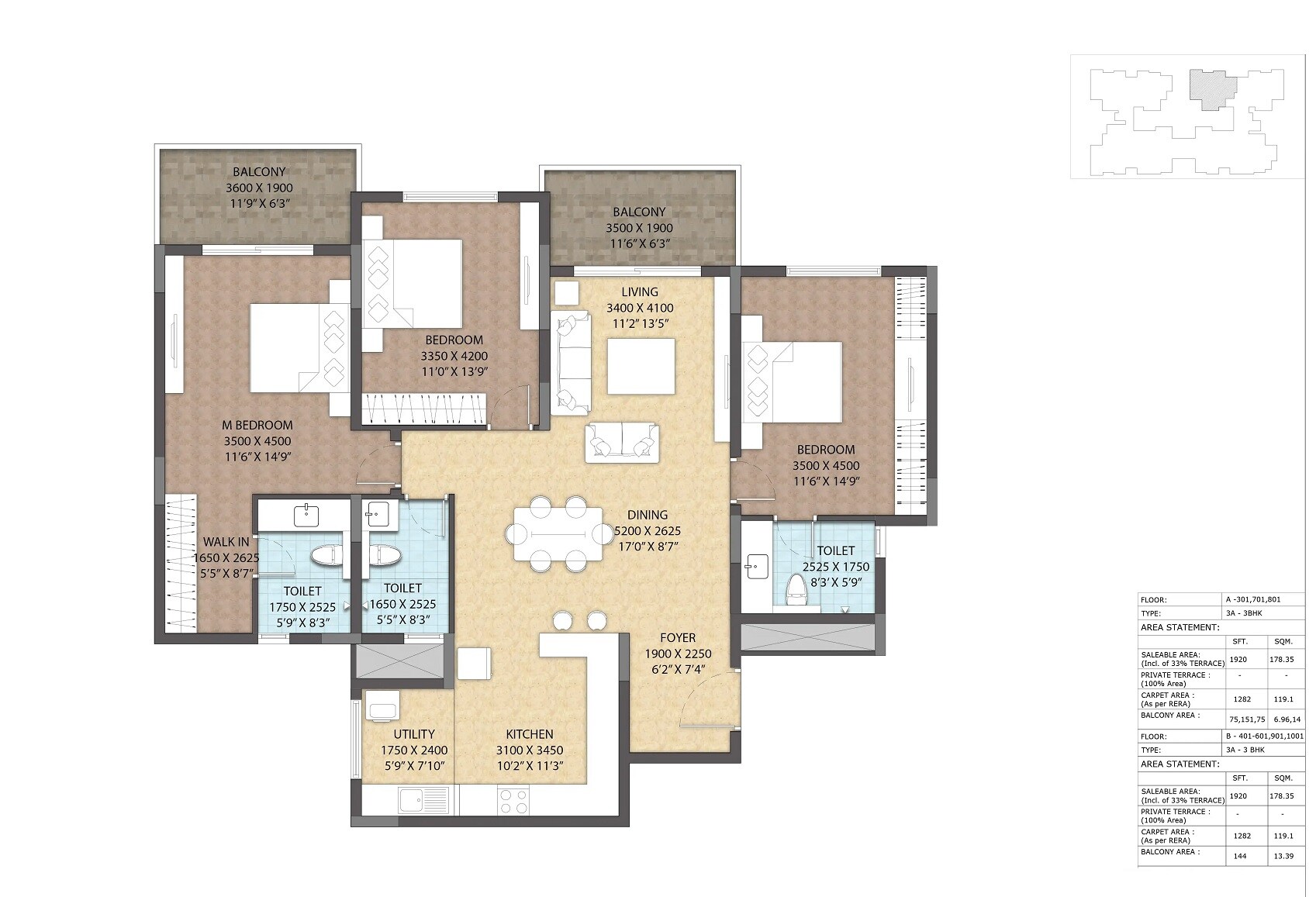 Floor plan of 3 BHK 1920 Sq. Ft. Apartment in The Central Regency Address, Bangalore