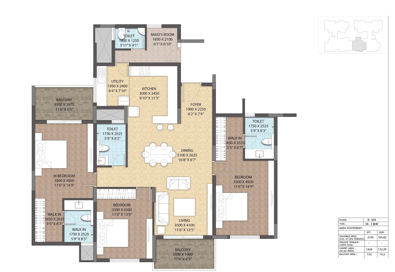 Floor plan of 3 BHK 2105 Sq. Ft. Apartment in The Central Regency Address, Bangalore