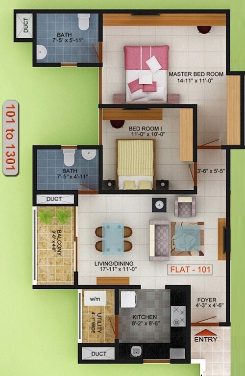 Floor plan of 2 BHK 1030 Sq. Ft. Apartment in Golden Gate Commune, Bangalore