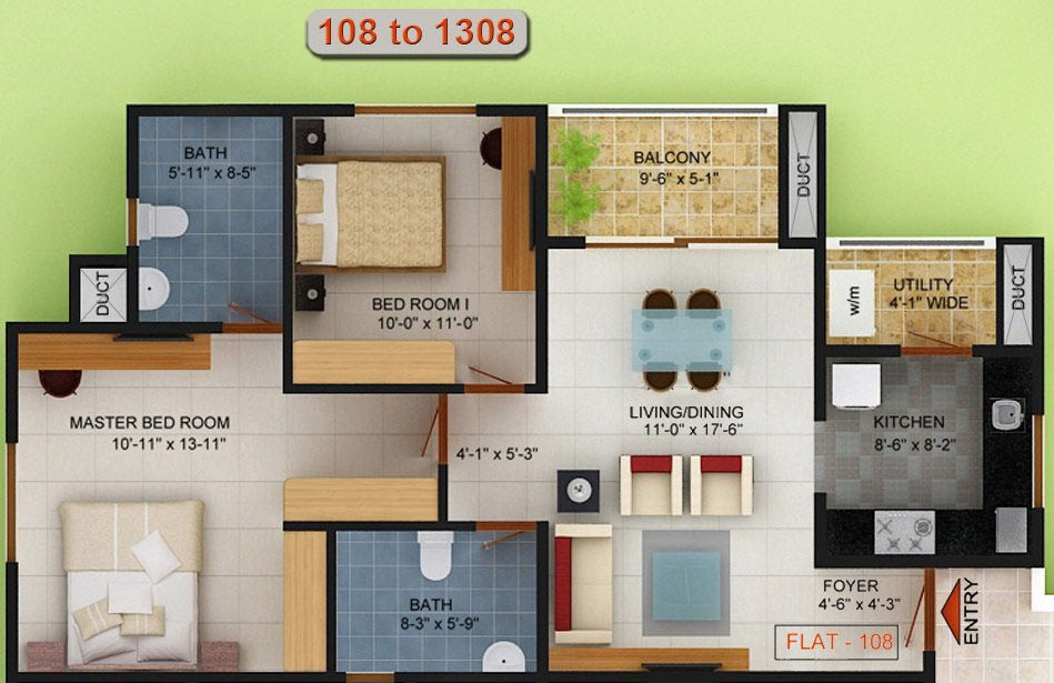 Floor plan of 2 BHK 1040 Sq. Ft. Apartment in Golden Gate Commune, Bangalore